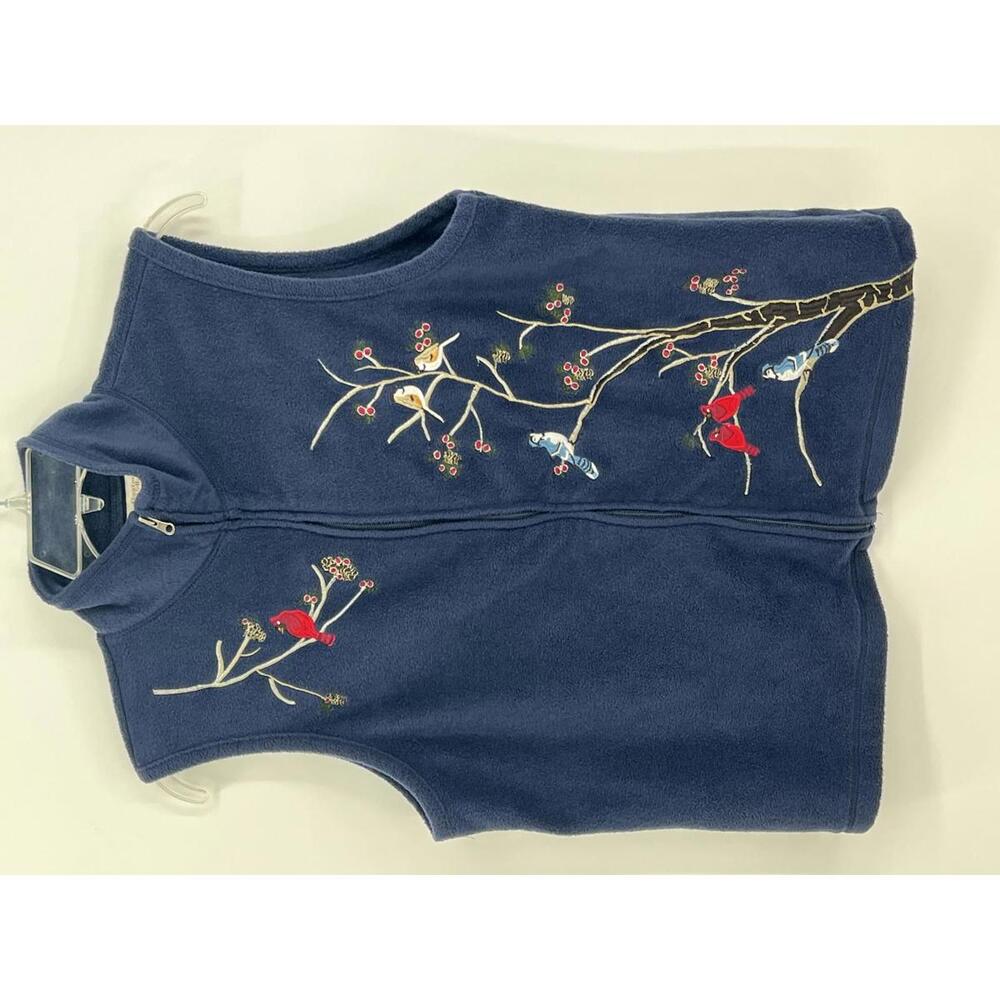 Navy Bird Embroidered‎ Fleece Vest Sleeveless Large Soft Warm
